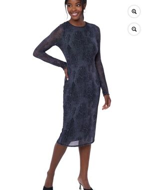 Long Sleeve Sheer Snakeskin Patterned Midi Dress in dark gray/charcoal/black